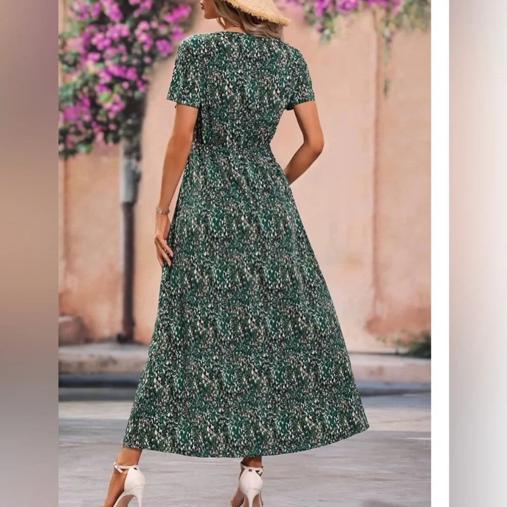 Short Sleeve MAXI DRESS with Split and Belt Women’s Size Small Green and pink - Picture 3 of 6